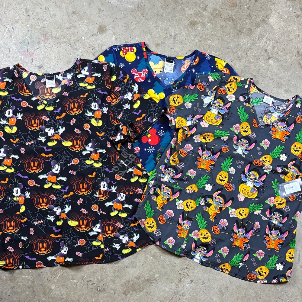 NWT Halloween and Christmas Disney Print Scrub Tops - Set of 3 - Size L and XXL
